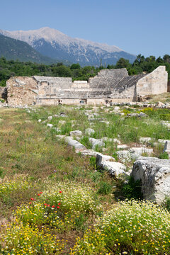 Roman Theater of Tlos from 31 BC to 14 AD located in Mugla Province, Turkey, surrounded by nature and mountains