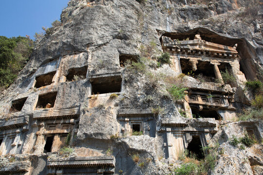 Exploring the Amyntas Rock Tombs of Ancient Telmessos built between 522 and 486 BC in Fethiye, Mugla Province, Turkey