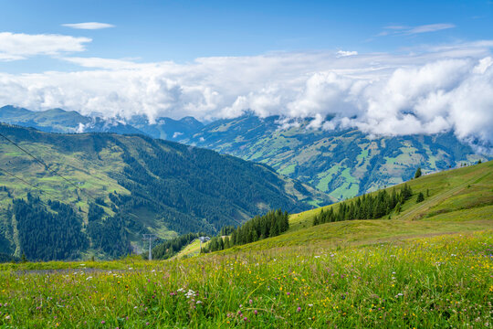 View of mountains and clouds from Schmittenhhebahn top station, Zell am See, Salzburg, Austria