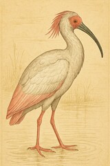 Fototapeta premium Old ornithological artwork featuring a pink crested ibis in a wetland setting
