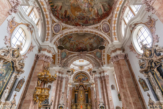 View of interior of St. Jakob Cathedral showing architecture and artwork in Innsbruck, Tyrol Region, Austria, Europe