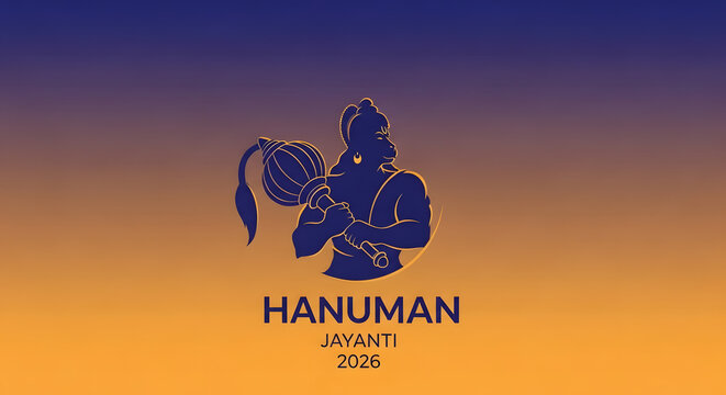 Hanuman silhouette logo icon mace gada weapon profile blue orange gradient background text year design graphic