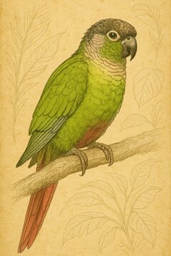 Vintage ornithology illustration of a green cheeked conure on a branch