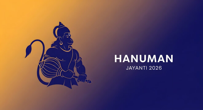 Hanuman silhouette logo icon mace gada weapon profile blue orange gradient background text year design graphic