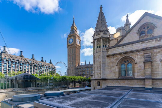 View of Big Ben clock tower showing Parliament Square and nearby structures during summer in Westminster, London, England, United Kingdom