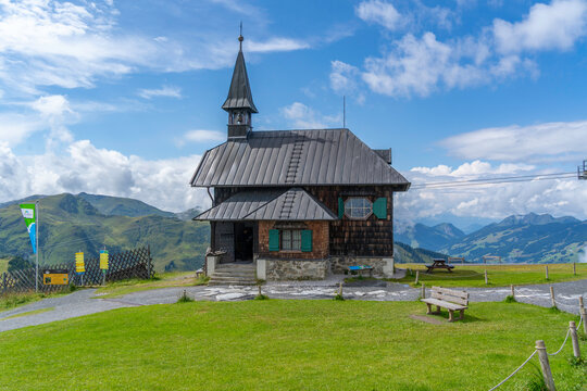 View of Elisabethkapelle chapel at Schmittenhohebahn top station on a sunny day in Zell am See, Salzburg, Austria