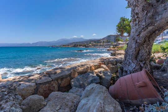 Rocks and coastline form a natural view in Limenas Chersonisou, Crete in the Greek Islands of Greece