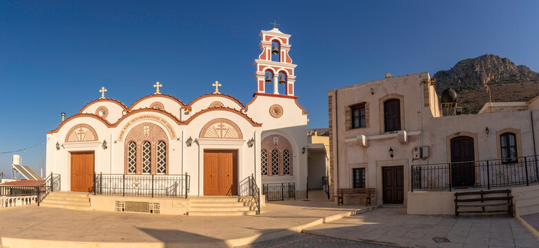 View of Church of the Metamorphosis of the Savior in Piskopiano village, Crete, during a clear day