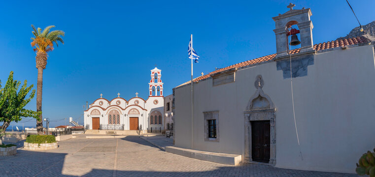 View of the Church of the Metamorphosis of the Savior in Piskopiano village in Crete, Greece on a clear day