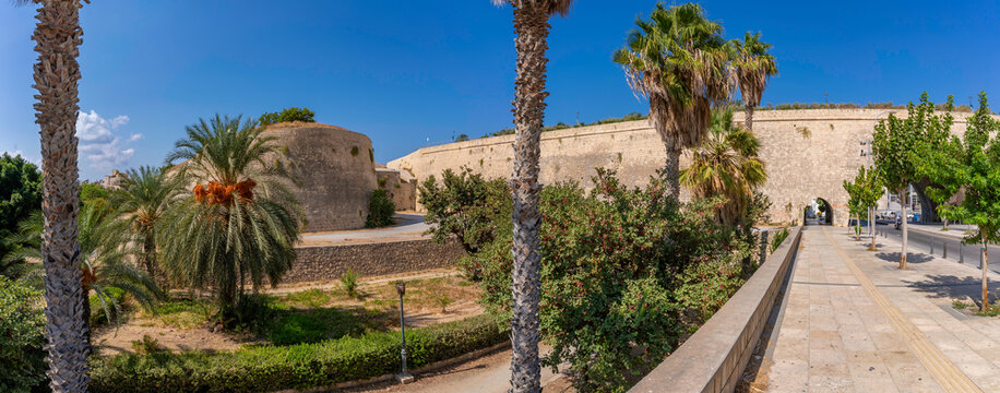 View of the Venetian Walls in Heraklion under the bright sun in Crete, Greece