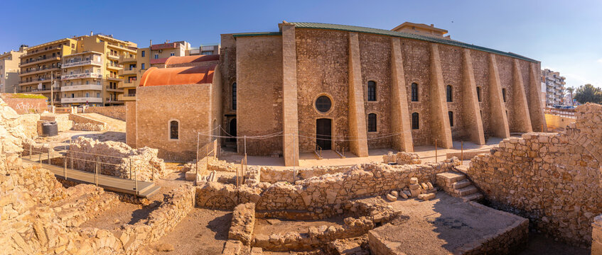 View of Saint Peter Monastery showing its stone walls and surrounding area in Heraklion on a sunny day in Crete Greece