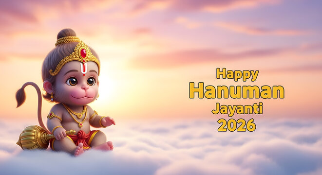 Baby Hanuman child deity sitting clouds sunset greeting card text year mace weapon character illustration