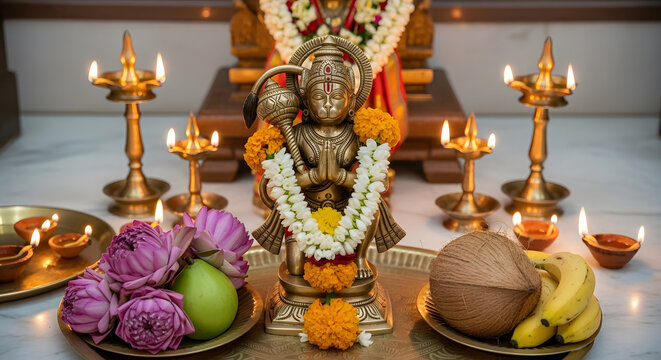 Hanuman statue altar puja worship prayer lamp diya flower fruit coconut banana temple marble floor hindu religion ritual