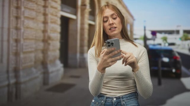 Woman tapping smartphone with finger and pointing gesture on a street beside a stone building and parked car; curiosity connection.