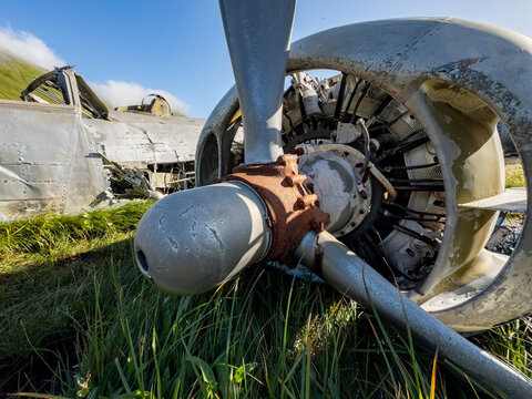 Detail of B-24 Liberator bomber grounded in Bechevin Bay, Atka Island, Alaska during World War II due to fuel shortage