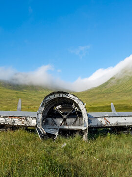 Detail of B-24 Liberator bomber wreckage at Bechevin Bay during WWII on Atka Island in Alaska