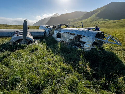 Detail of grounded B-24 Liberator bomber from WWII in Alaska, showing the aftermath of fuel depletion