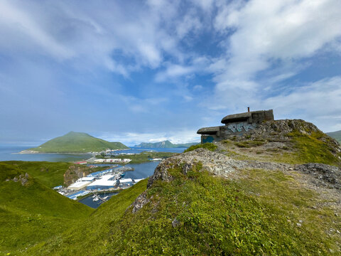 Remains of World War II bunker overlook Dutch Harbor in Unalaska, Alaska