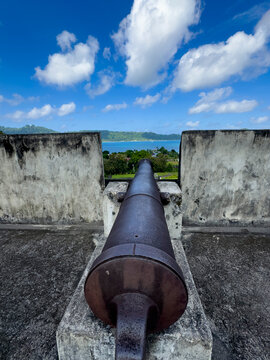 View from the top of Fort Belgica overlooking the landscape of Banda Neira in Indonesia