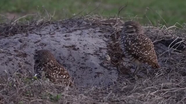 closeup two beautiful burrowing owls guarding on the nest alertly