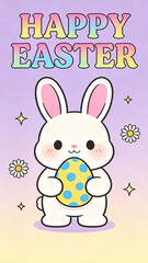 Obraz premium Happy Easter Flat Cartoon Cute Easter Bunny with Pastel Egg Flowers Greeting Card