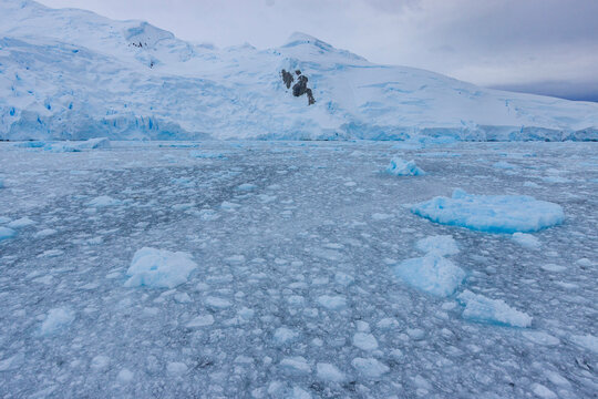 Snow and ice cover mountains in Crystal Sound during a quiet day in Antarctica near the Southern Ocean