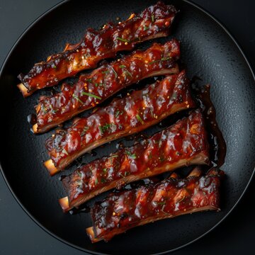 Deliciously Succulent Ribs Glazed with Smoky Barbecue Sauce, Displayed on a Stylish Black Platter