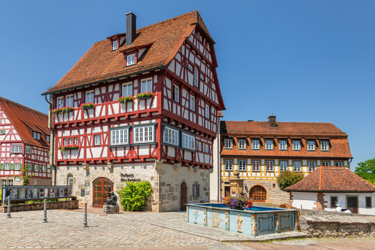 Town hall in Vellberg at the market place with traditional architecture and clear sky