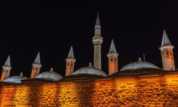 Views of Independence War Martyrs Monument in Konya Turkey at night with illuminated architecture details