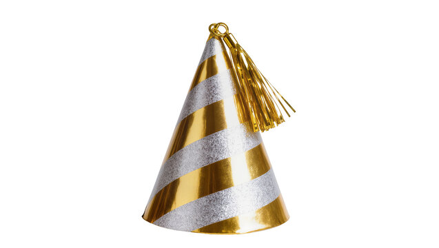 Golden striped party hat with shimmering metallic fringe, perfectly presented isolated on transparent background for celebrations