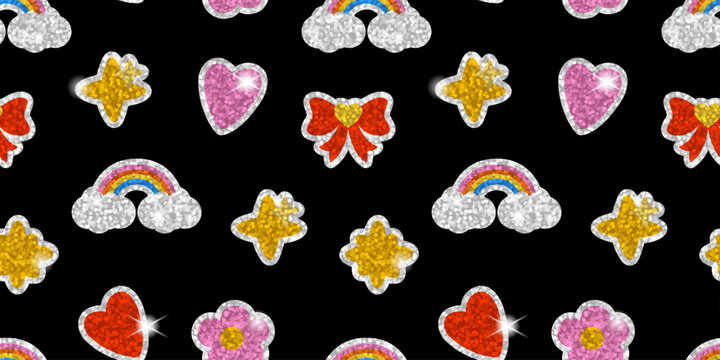 Seamless glitter sticker pattern with rainbows, hearts, flowers, bows and clouds on black background. Bright shiny repeating texture for fabric, wrapping paper, stationery, prints and packaging.