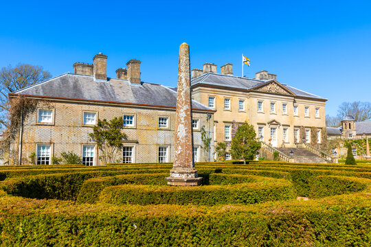 Dumfries House Mahtouz garden features an obelisk with a clear blue sky in East Ayrshire Scotland