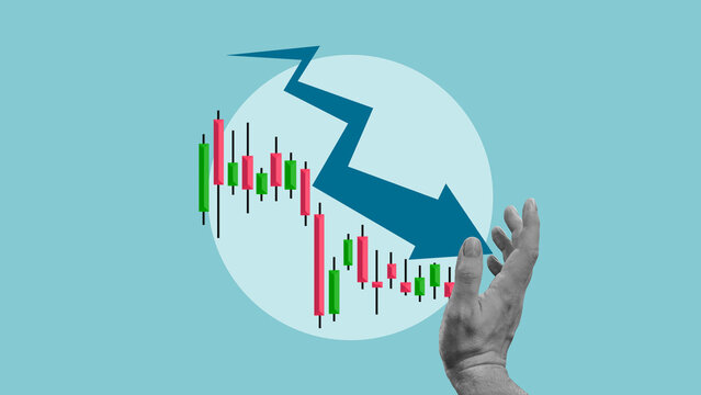 Stock market crash concept with falling chart and downward arrow, financial crisis and investment loss, economic downturn and bear market decline, trader risk and market volatility idea