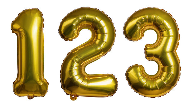 Golden foil number balloons one two three arranged sequentially, isolated on transparent background for celebratory designs