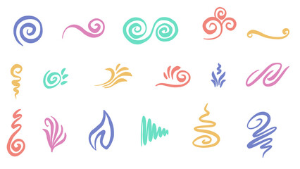 Fototapeta premium Collection of colorful swirl doodle design elements isolated on white background, artistic hand drawn curls and decorative ornaments - Transparent PNG