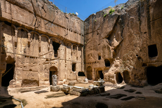 Gumusler ancient monastery features caves carved into rock in Turkey