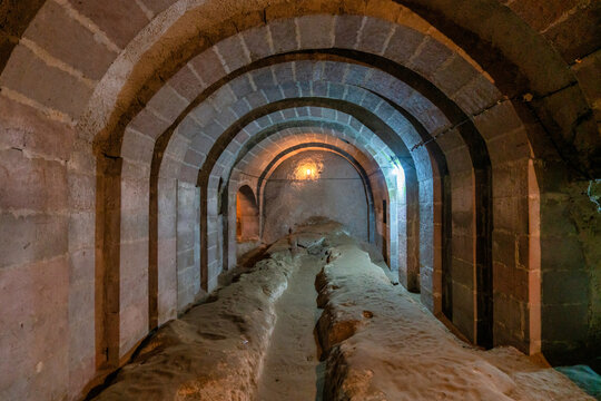Exploration of Derinkuyu underground city arches structure located in Cappadocia, Turkey