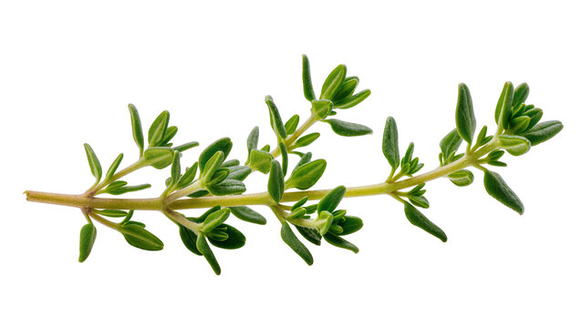 Fresh green thyme sprig with tiny oval leaves and golden stem, beautifully detailed isolated on transparent background