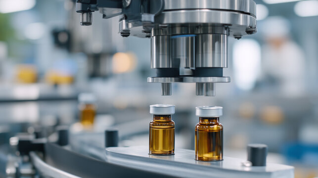 Robotic vision system inspects pharmaceutical vial fill levels while human operator reviews rejection data, quality control automation collaborating with oversight, sterile packaging line environmen