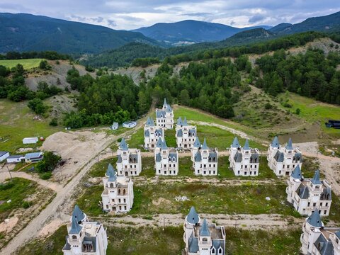 Drone view shows abandoned fairytale castles in ghost town of Burj al Babas in Turkey