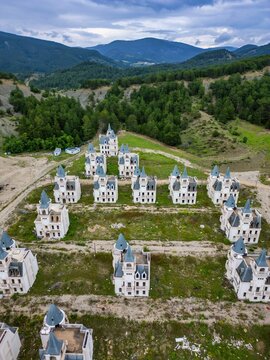Abandoned fairytale castles in a ghost town viewed from above in Turkey