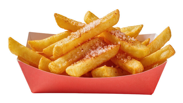 Golden crispy potato fries sprinkled with coarse salt, presented in red paper container isolated on transparent background