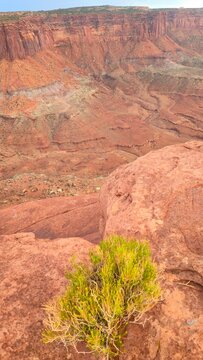 View from a rocky ledge overlooking the vast terrain of Canyonlands National Park in Utah USA during a cloudy day
