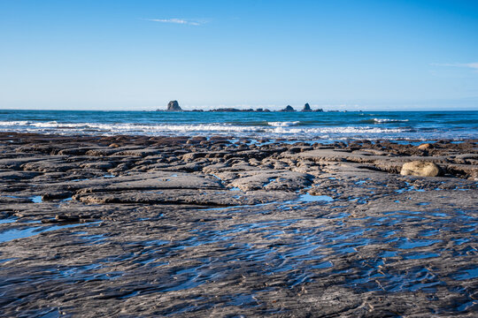 Low tide reveals rock shelves along Tasman Sea near Westport, South Island, New Zealand