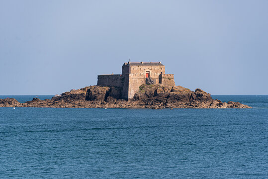 Exploration of Fort National surrounded by ocean near the walled city of Saint Malo in Brittany France