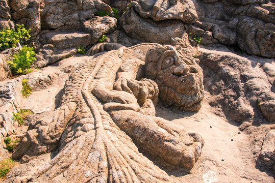 Granite carving in Les Rochers Sculpts highlights craftsmanship and history of Rothneuf near Saint-Malo, France