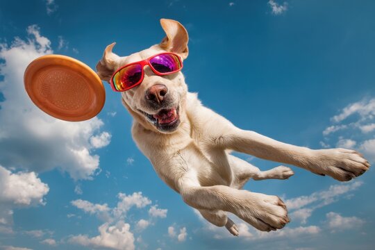 A Labrador retriever wearing sporty wraparound 