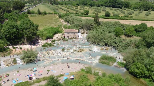 Aerial View of Cascate del Mulino Thermal Falls, Tuscany, Italy