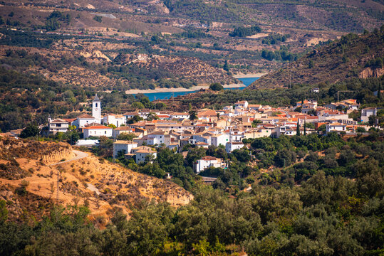 View of Restbal in Granada with white houses and olive groves by the embalse de beznar in Spain