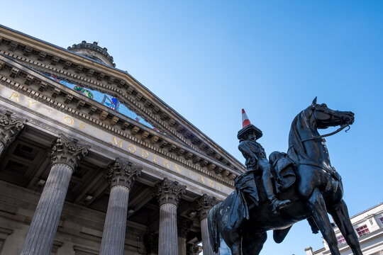 Duke of Wellington statue with traffic cone at the Gallery of Modern Art in Glasgow Scotland